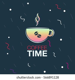Coffee time vector poster concept. Typography card. Design for prints. Cup icon, symbol, logo. For the menu, bar, restaurant, shop.