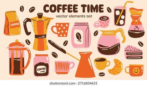 Etiquetas engomadas del Vector del tiempo del café fijadas para el diseño del menú con la ilustración colorida retro linda de la historieta de diversos métodos de la elaboración del café, prensa francesa, derramar-sobre goteo-estilo, preparación fría, café espresso, granos de café, tazas, tazas