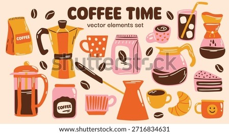 Coffee time vector stickers set for menu design with cute cartoon retro colorful illustration of different coffee brewing methods, french press, pour-over drip-style, cold brew, espresso, coffee beans, cups, mugs