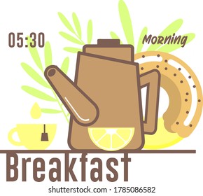 Coffee time vector web illustration. Coffee time, early English breakfast with a cup of coffee, kettle