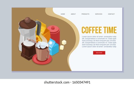 Coffee time vector web template illustration. Coffee time, early english breakfast with cup of coffee,milk, sugar, kettle and coffee grinder. Website or landing for cafe.