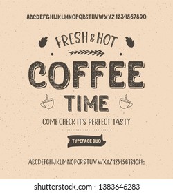 "Coffee Time". Vintage Handmade Textured Font Duo. Retro Typeface. Vector