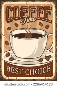 Coffee time vintage poster colorful with ceramic mug on dish for decoration interior of coffee store vector illustration
