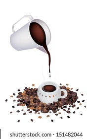 Coffee Time, A White Measure Cup Pour A Cup of Hot Coffee with Roasted Coffee Bean Isolated on White Background 