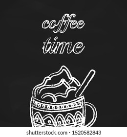 Coffee time. White coffee mug on a black chalkboard - vector