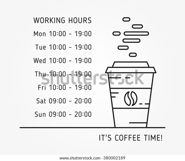 Coffee time working hours linear vector\
illustration on gray background. Coffee store (house, shop) hours\
of operation creative graphic concept. Graphic design template for\
restaurant, cafe,\
banner.