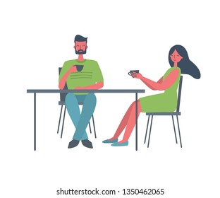 Coffee time. Young couple in the cafe. There are man and woman, sitting at the table and drinking coffee, in the picture. Funky flat style. Vector illustration in green and blue colors.