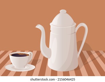 Its coffee time.A cup of black coffee standing on the table next to the coffee pot.Vector illustration.