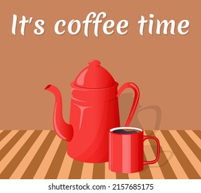 Es hora de café.Una taza de café negro sobre la mesa al lado de la cafetera.Ilustración vectorial.