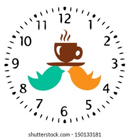Coffee time.Birds with cup in love 