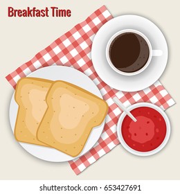 Coffee, toasts and jam. Breakfast vector illustration