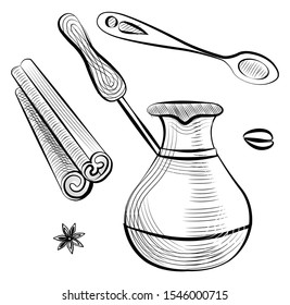 Coffee tool and ingredient, sketch of brewing pot with handle, stick of cinnamon, teaspoon, bean and anise. Shop equipment for cooking java beverage vector
