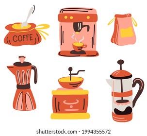 Coffee tool and utensils. Coffee machine, French press, geyser coffee maker,  grinder. Set of Barista Coffee Tools for Serving, Brewing. Equipment for Morning Breakfast drink. Vector