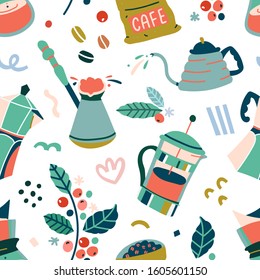 Coffee tools backdrop made of simple vector doodle illustrations, modern art of various utensils for brewing coffee, turkish cerze, french press and moka pot. Good for barista or coffee shop.