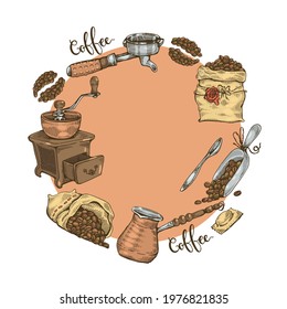 Coffee tools and equipment. Coffee beans, grains. Coffe time. Vector illustration.