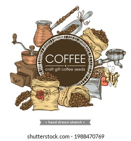 Coffee tools and equipment. Coffee seed, craft, gift. Hand drawn sketch. Vector illustration.
