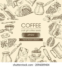 Coffee tools and equipment. Coffee time. Hand drawn sketch. Vector illustraion.
