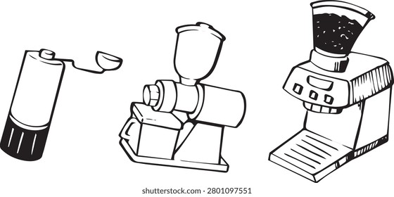 Coffee tools hand drawn set. grinder manual, grinder machine