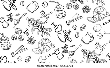 Coffee tools and ingredients seamless vector background. Black and white sketched doodle