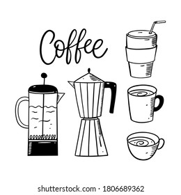 Coffee tools line art style doodle elements art vector illustration and coffee word script isolated on white background