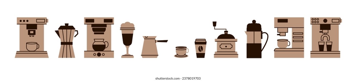 Kaffeewerkzeuge. Maschine zum Frühstück. Filter- und Kaltbrauverfahren. Koffeingetränk-Gerät. Küchenausstattung. Cappuccino-Hersteller. Espressotasse. Vectorbarista-Aufbereitungselemente