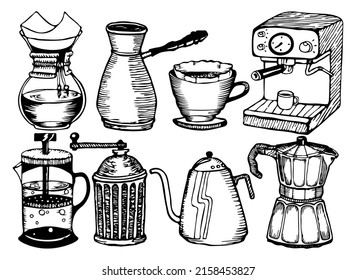 Coffee tools set. Coffee equipment icons. Vector doodle illustrations.