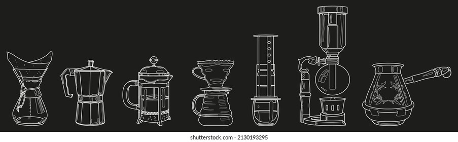 Coffee tools set. Coffee line icons. French press, aeropress, mocha, siphon, chemex vector outline illustrations.