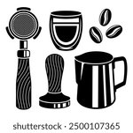 Coffee tools vector black icons. Portafilter, milk pitcher, tamper, beans, espresso glass