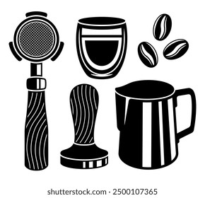 Coffee tools vector black icons. Portafilter, milk pitcher, tamper, beans, espresso glass