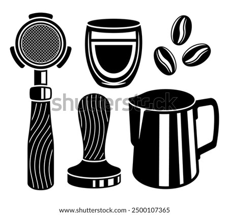 Coffee tools vector black icons. Portafilter, milk pitcher, tamper, beans, espresso glass