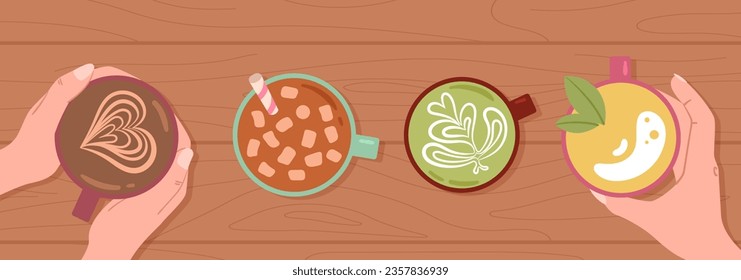Coffee top view concept. Hands with mugs hot drinks. Dessert and delicacy, beverage. Bubble tea and capuccino. Friends in cafe. Poster or banner for website. Cartoon flat vector illustration
