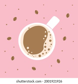 Coffee top view. Hand drawn traditional morning breakfast drink, cup with latte or cappuccino top view, beans around, pink background, trendy delicious beverage vector cartoon isolated illustration