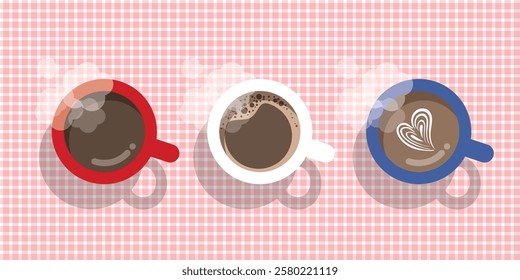 Coffee top view on check tablecloth. americano, latte, espresso in mugs. Beverage menu icon. Vector cafe. 