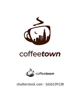 Coffee town logo with town city skyscraper silhouette inside mug icon symbol illustration