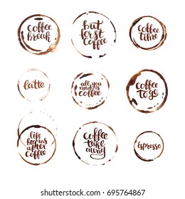 Coffee traces and lettering vector set. Coffee quote hand drawn typography. Coffee/tea stains, coffee shop design. Brown color grunge texture blots. Isolated on white background