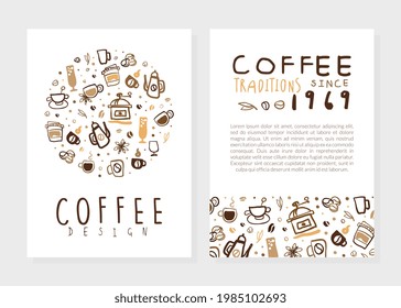 Plantilla de diseño de tarjetas de tradiciones de café con espacio para texto, cafetería, folleto de cafetería, volante con bebidas de aromatizantes e imágenes vectoriales sin foco