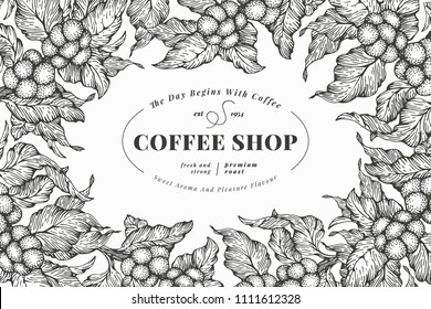 Coffee tree banner template. Vector illustration. Vintage coffee frame. Hand drawn engraved style illustration.