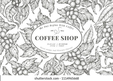 Coffee tree banner template. Vector illustration. Vintage coffee background. Hand drawn engraved style illustration.