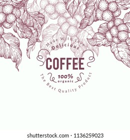 Coffee tree banner template. Vector illustration. Retro coffee background. Hand drawn engraved style illustration.