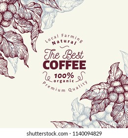 Coffee tree banner template. Vector illustration. Retro coffee background. Hand drawn engraved style illustration.