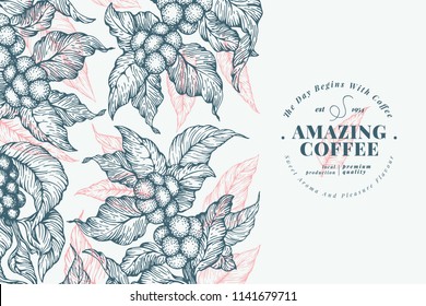 Coffee tree banner template. Vector illustration. Retro coffee background. Hand drawn engraved style illustration.
