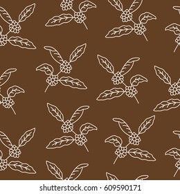 Coffee tree branch with beans. Coffee plant with leaf, berry, coffee bean. Seamless pattern with coffee tree.
