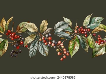 Coffee tree. Branch with leaves and berries. Seamless pattern, background. Vector illustration. In botanical style