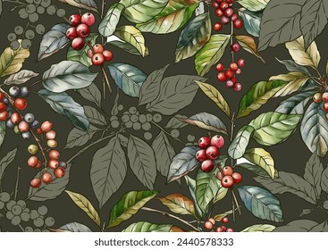 Coffee tree. Branch with leaves and berries. Seamless pattern, background. Vector illustration. In botanical style