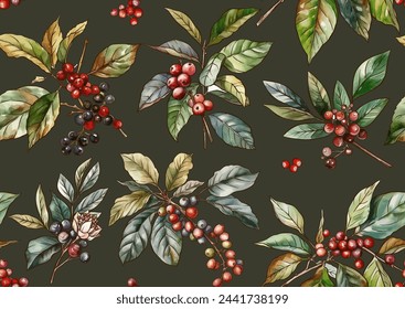 Coffee tree. Branch with leaves and berries. Seamless pattern, background. Vector illustration. In botanical style