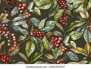 Coffee tree. Branch with leaves and berries. Seamless pattern, background. Vector illustration. In botanical style