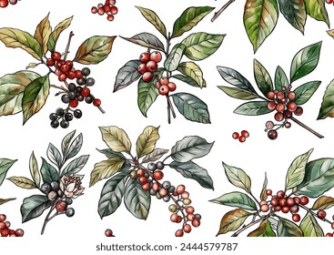 Coffee tree. Branch with leaves and berries. Seamless pattern, background. Vector illustration. In botanical style
