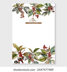 Coffee tree. Branch with leaves and berries. Border, frame, template for menu page, product label, cosmetic packaging. Vector illustration. In botanical style