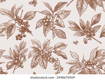Coffee tree. Branch with leaves and berries. Seamless pattern, background. Vector illustration. In botanical style
