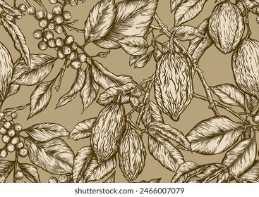 Coffee tree. Branch with leaves and berries. Cocoa tree branch with cocoa beans, chocolate beans, Seamless pattern, background. Vector illustration. In botanical style
